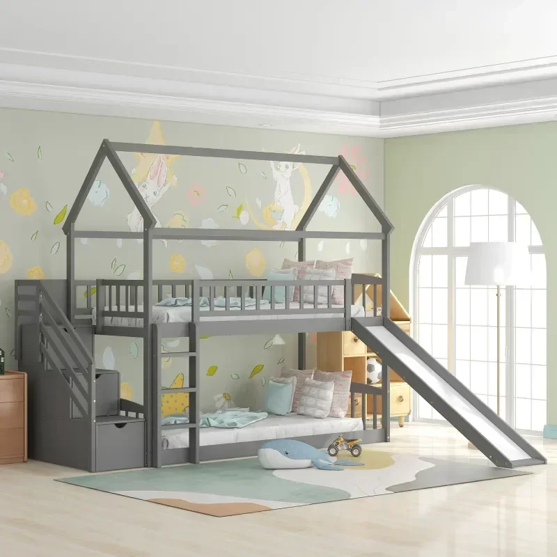 Solid wood children's double b - Bunk Bed With Stairs And Slide review and price