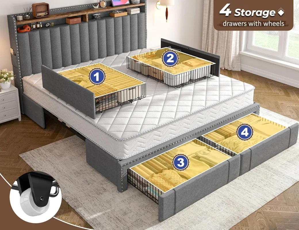 EnHomee Upholstered King Size  - King Size Bed Frame With Storage Drawers review and price